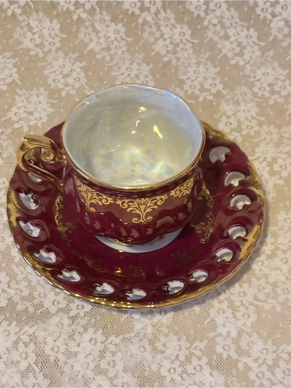 Vintage Ohashi China Burgundy & Gold Teacup & Saucer